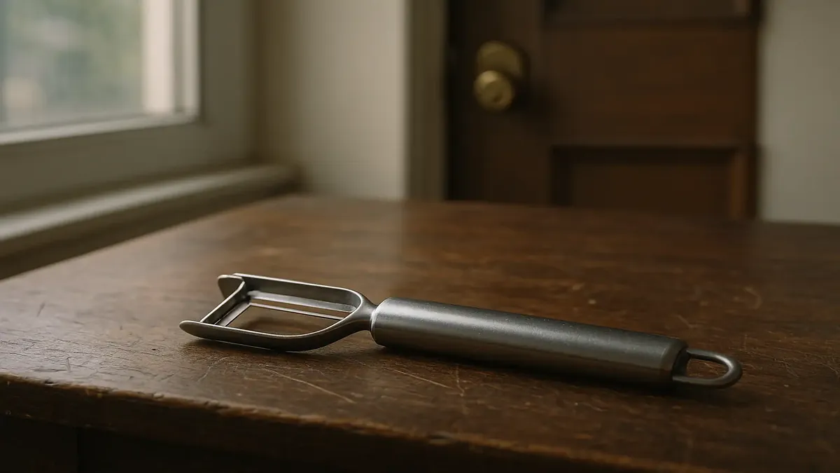 A young woman in a messy apartment holding a potato peeler, reflecting on her challenging living situation.
