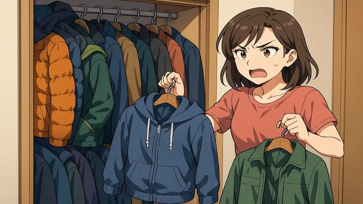 Colorful anime-style illustration of a cluttered coat closet filled with jackets, reflecting family chaos in the Pacific Northwest.