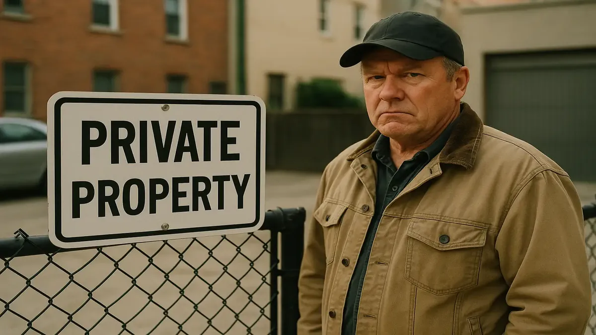 A photorealistic image of a private property sign near a garage and pharmacy parking area.