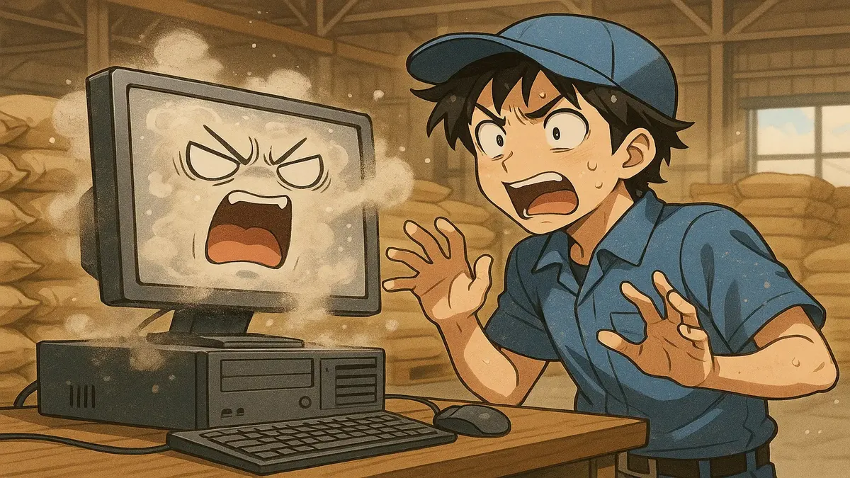 Anime-style illustration of a frantic office worker amidst a chaotic flour warehouse environment.