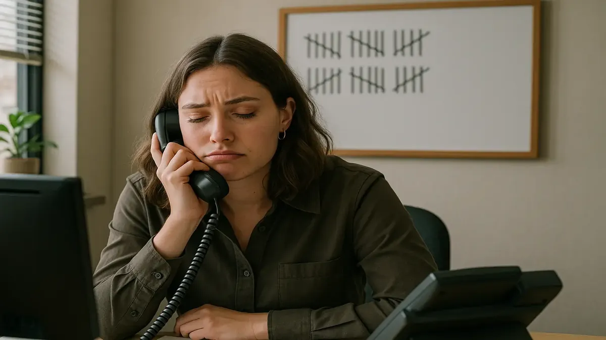 Frustrated receptionist at desk with tally board counting persistent sales calls, reflecting workplace humor.