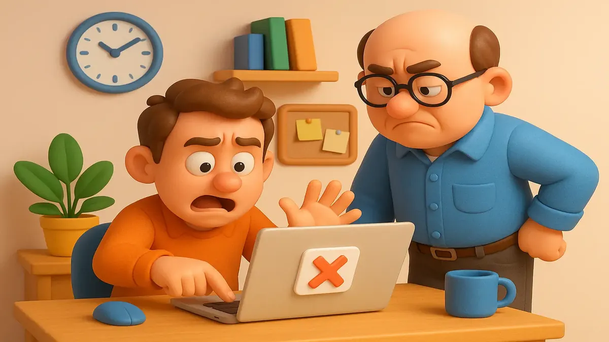 Cartoon 3D illustration of a frustrated user losing work on a computer, depicting software confusion.