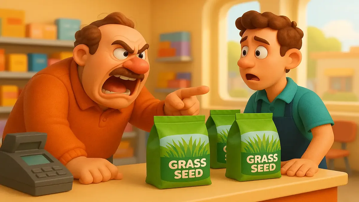 Cartoon-3D illustration of a frustrated customer arguing over a pricing dispute at a store checkout.