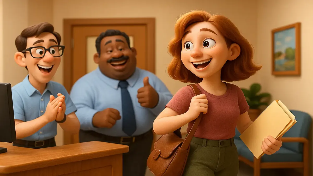 Cartoon 3D illustration of a frustrated employee leaving a front desk job, symbolizing workplace challenges.