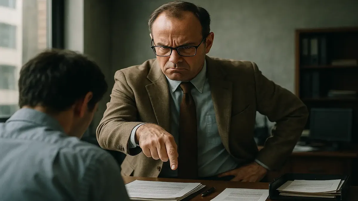 Frustrated employee facing a power-hungry supervisor in a corporate setting, photorealistic image.