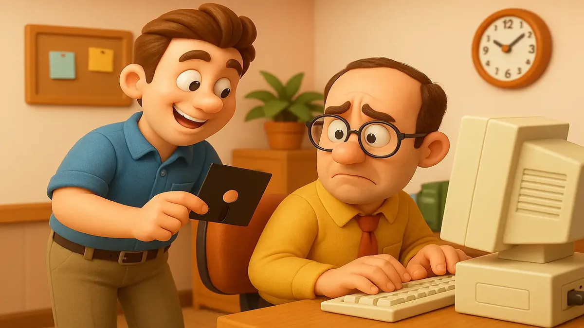 Cartoon-style illustration of IT support in the 90s, featuring a remote office and vintage tech items like a floppy disk.