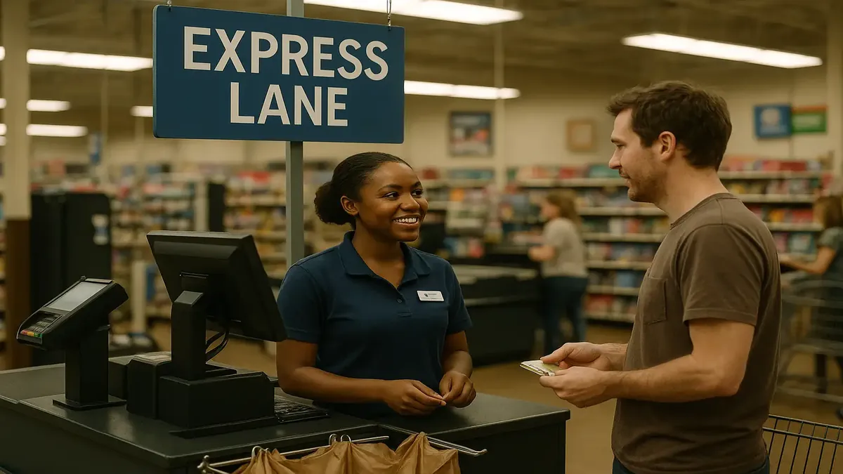 Retail workers sharing anecdotes in a bustling store setting, highlighting customer interactions and experiences.