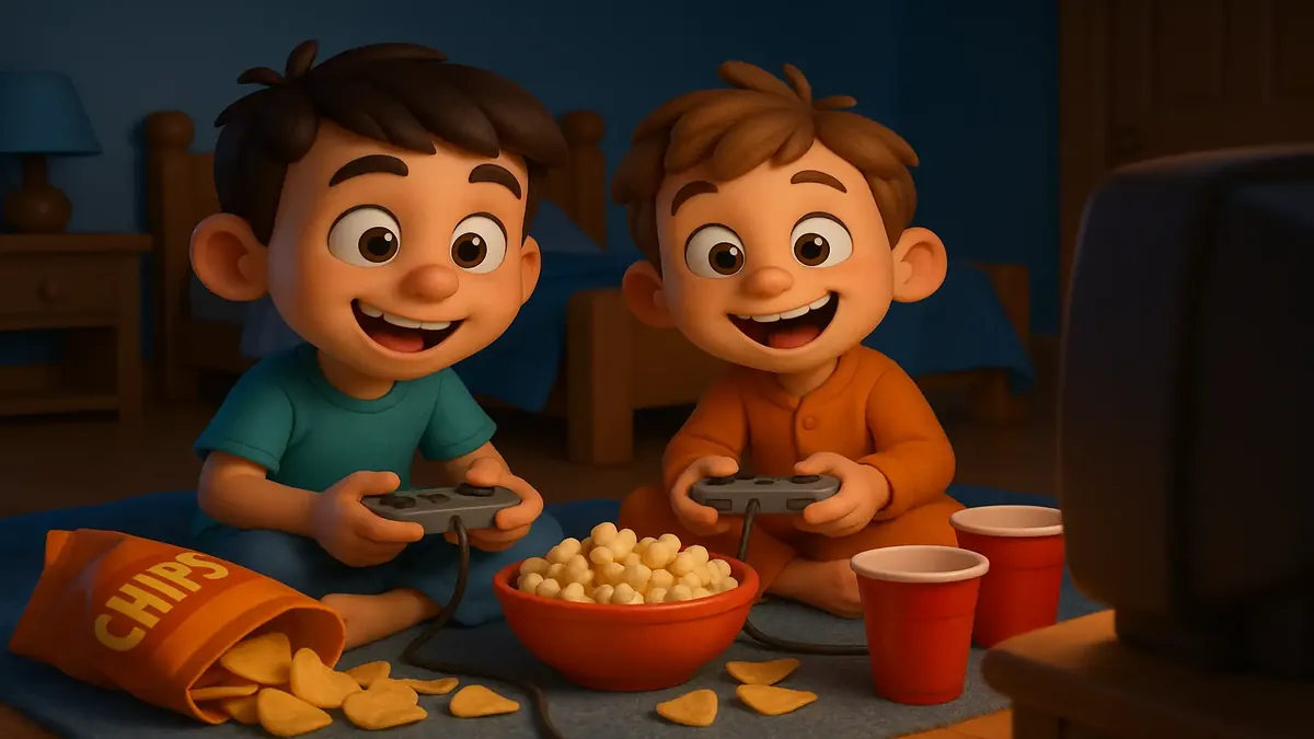 Cartoon-3D illustration of two kids gaming quietly while parents sleep nearby, capturing a nostalgic 90's sleepover vibe.