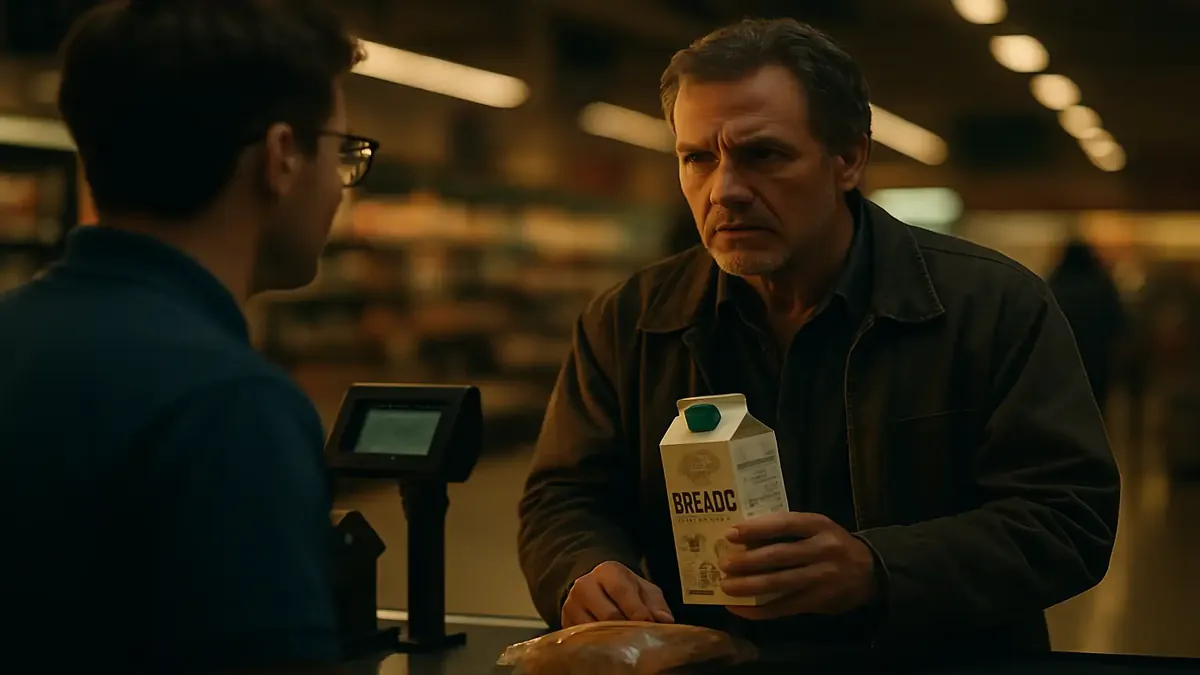 Middle-aged man negotiating at grocery store checkout with organic milk and bread in hand.