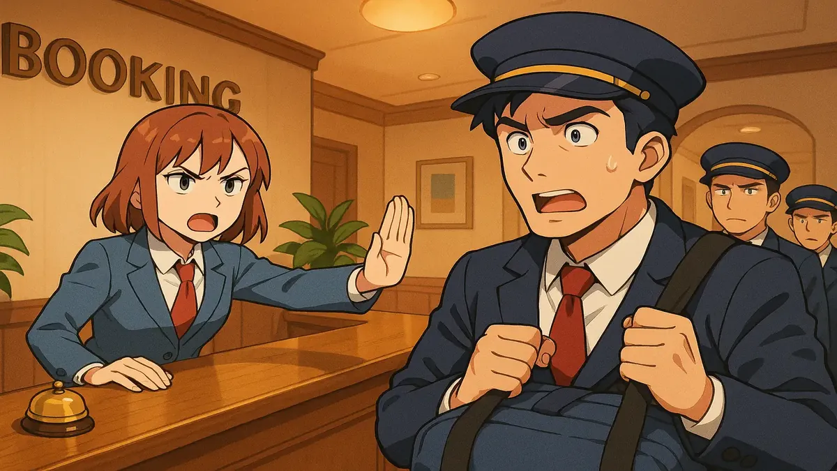 Anime-style illustration of a hotel with a 