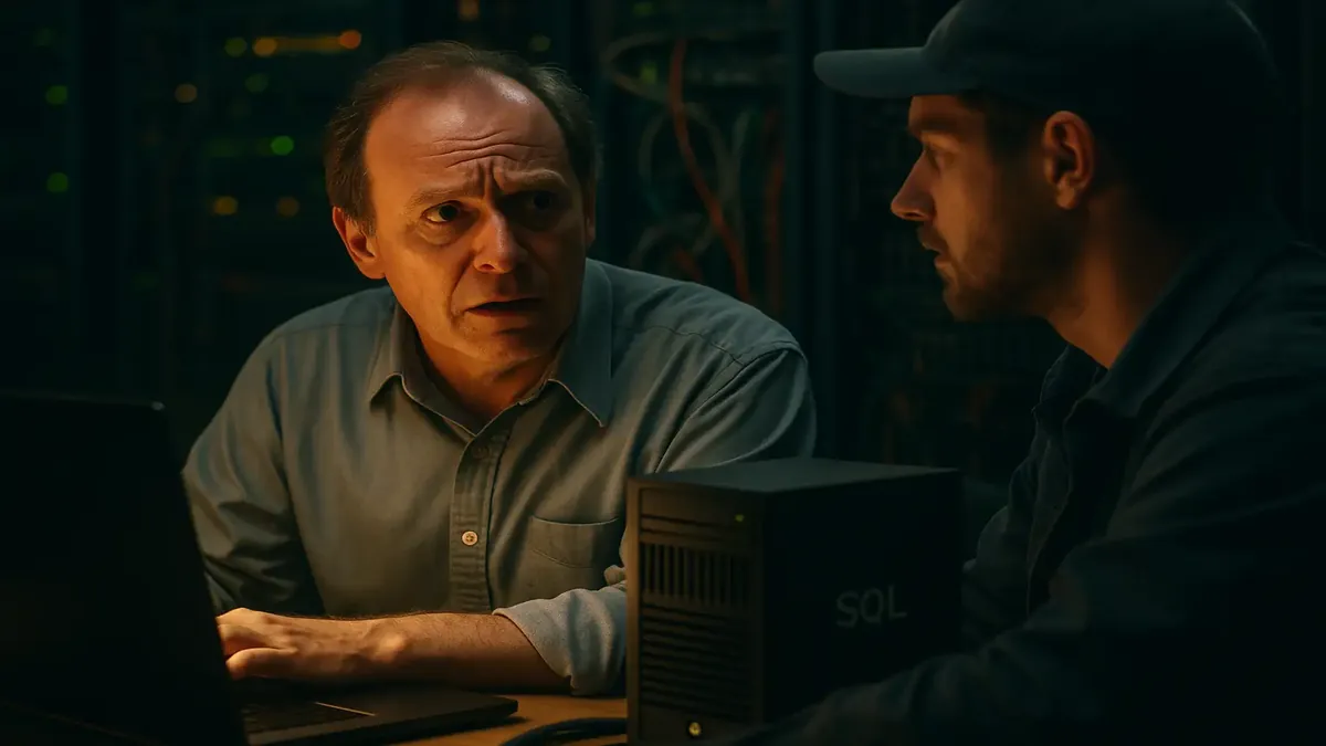 A frustrated technician troubleshooting SQL server issues during a software installation failure.