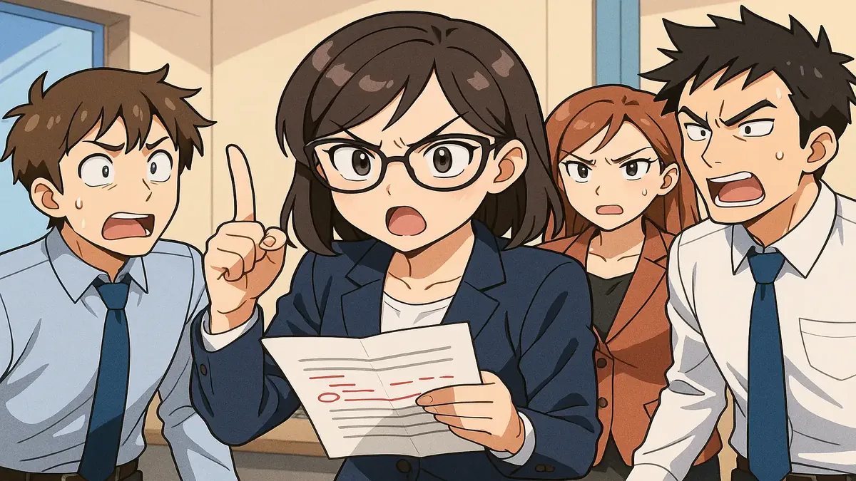 Anime illustration of a frustrated team member correcting grammar in the workplace, symbolizing grammar policing.