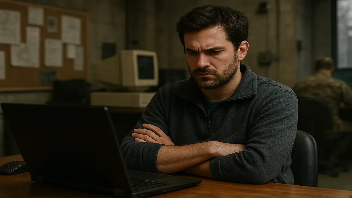 A frustrated software admin in an office, hesitant to embrace technology advancements.