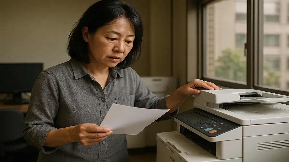 Japanese woman teaching a colleague about file transfer in a modern office setting.
