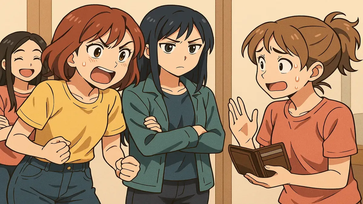 Anime-style illustration of four friends sharing laughs at a weekend event, capturing the essence of friendship and fun.