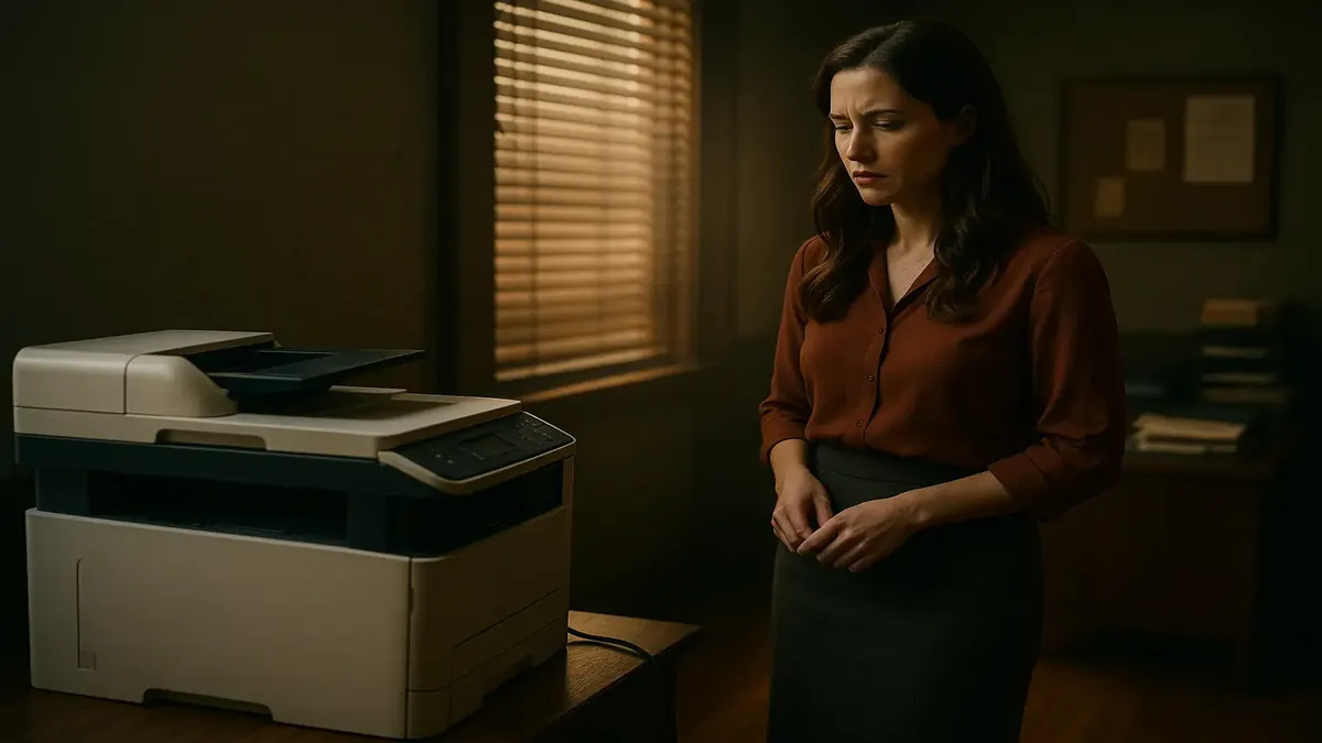 Cinematic image of an office printer unplugged, highlighting a sense of urgency in a corporate environment.