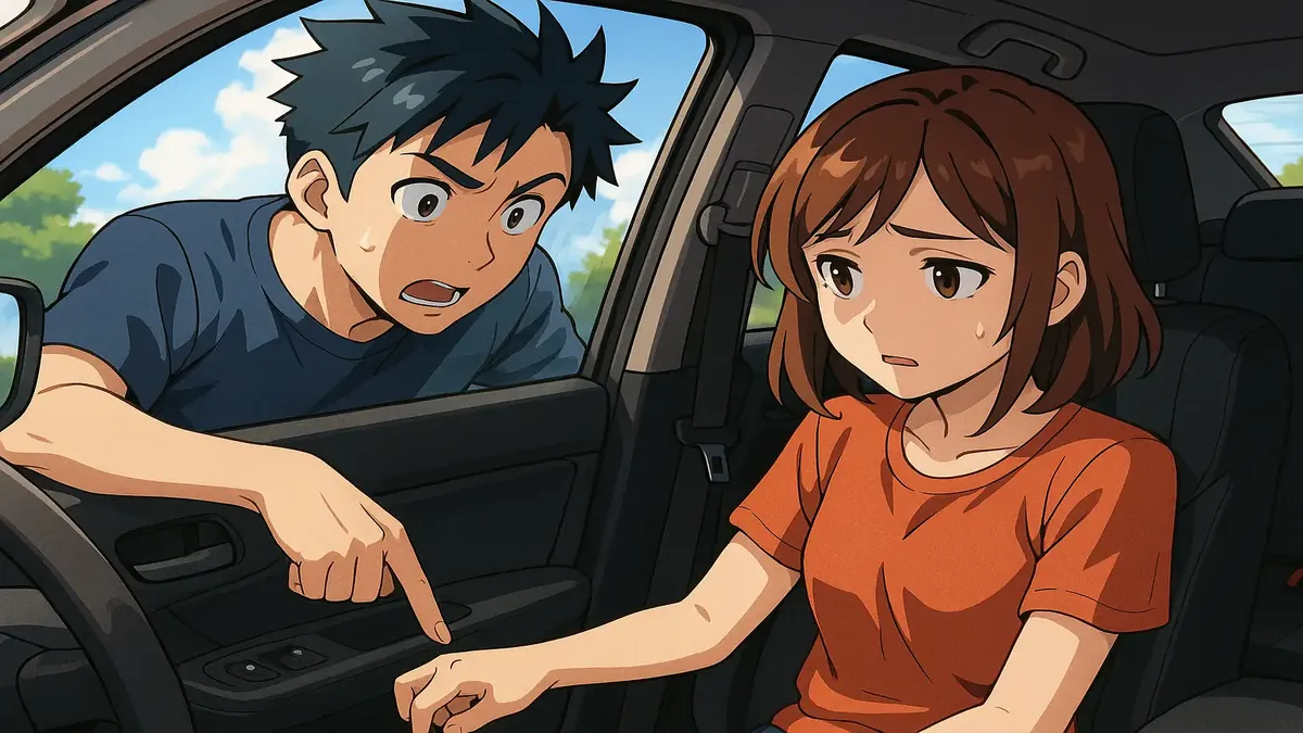 Anime-style illustration of a frustrated driver with car windows malfunctioning, emphasizing automotive issues.