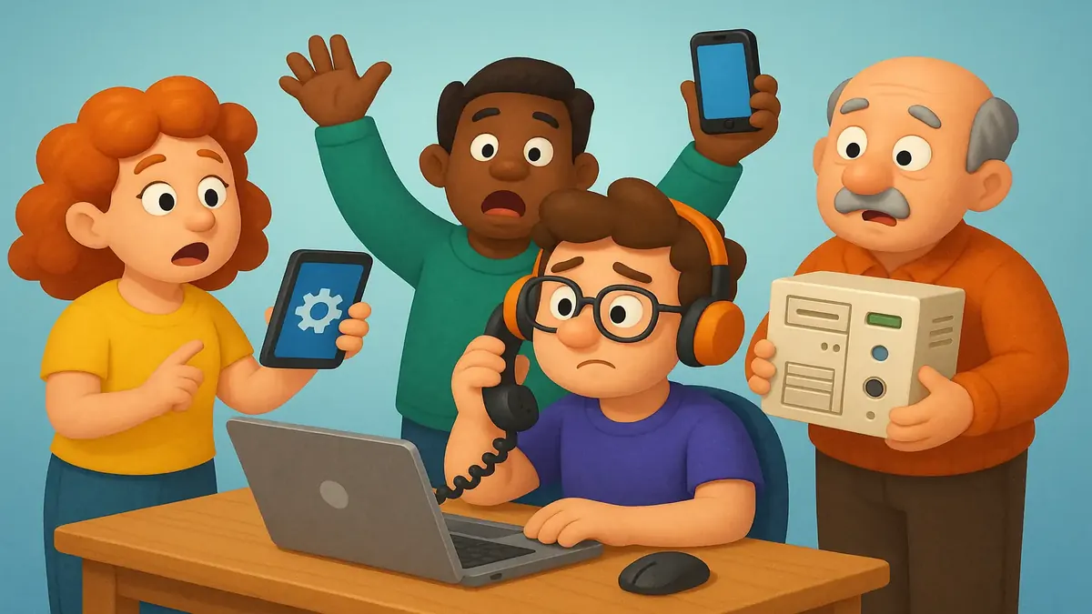 Cartoon-3D illustration depicting various technical support scenarios for online applications and products.