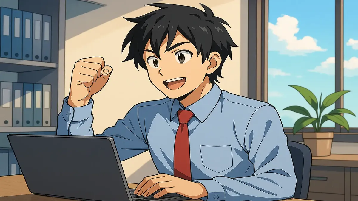 Anime illustration of a person contemplating job changes and future opportunities in a professional setting.