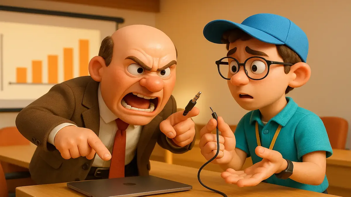 Cartoon-3D illustration of an angry director struggling with a fragile audio jack during a presentation.