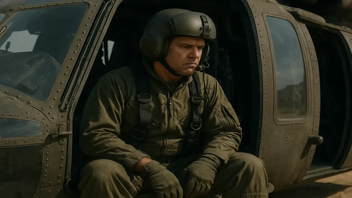 Army helicopter in flight over California's National Training Center during a military operation.