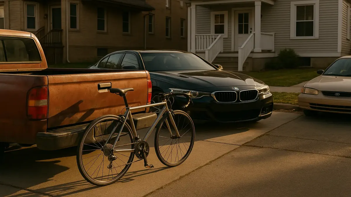 Photorealistic image of a frustrated young woman standing by a blocked parking space, contemplating petty revenge.