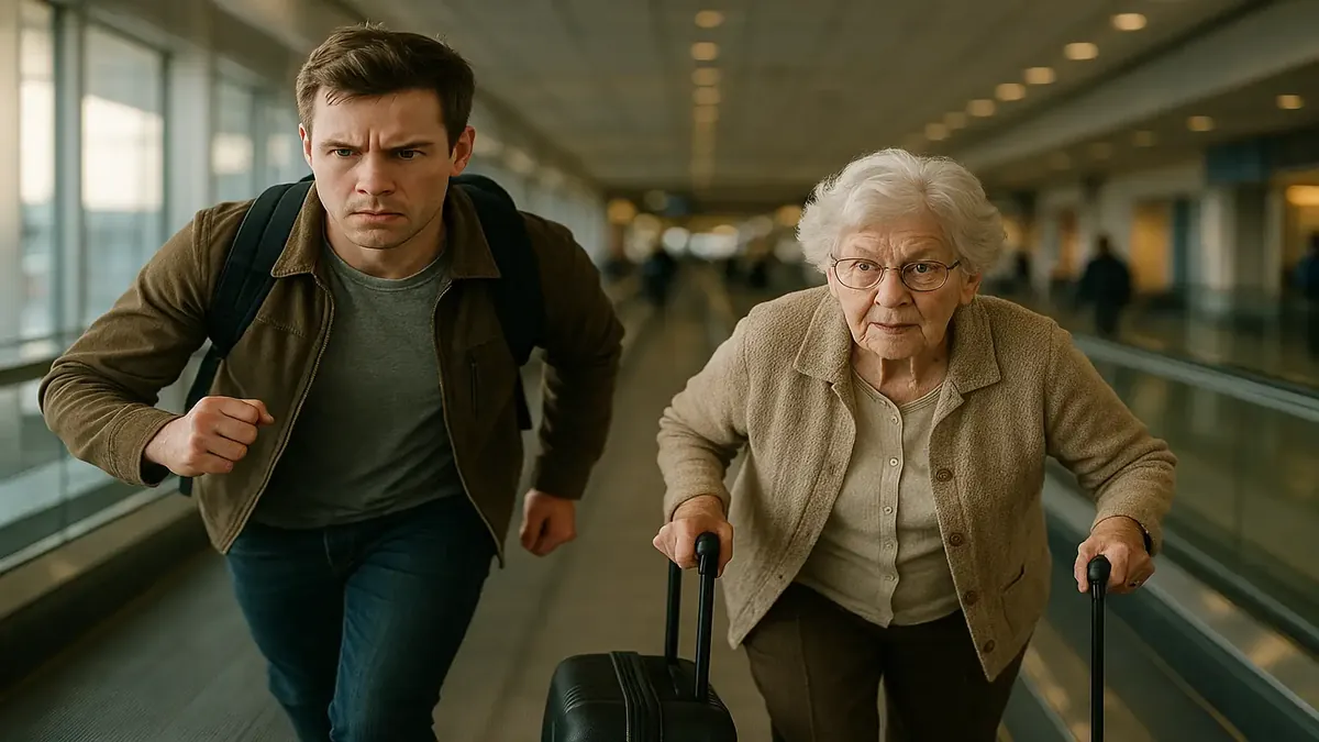 Fast-paced airport scene with a young person overtaking an older couple during a layover dash.