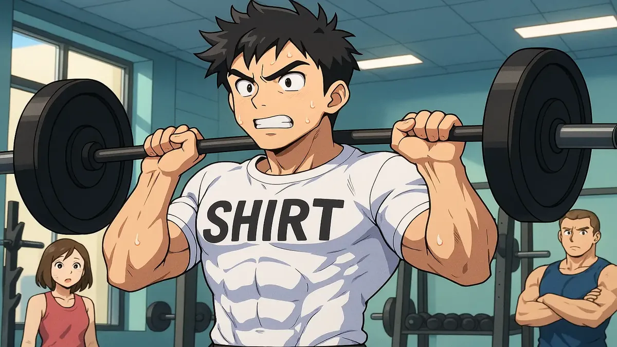 Anime illustration of a gym scene showing a character humorously wearing an oversized shirt while exercising.