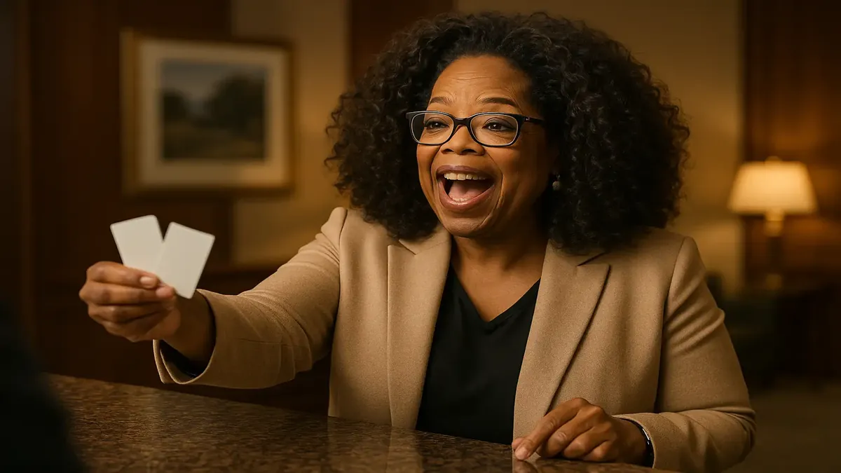 Manager handing out room keys to guests, inspired by Oprah's generous spirit, in a photorealistic style.