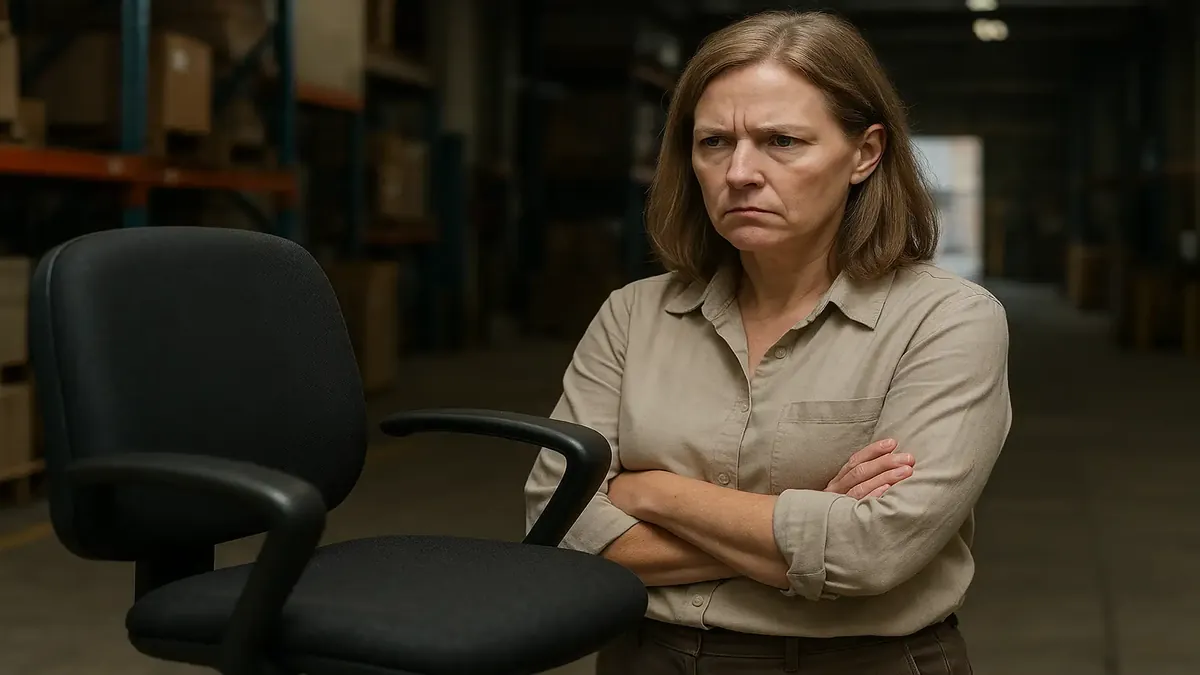 Dispute over office chair in a warehouse setting, highlighting tension between coworkers over shared space.