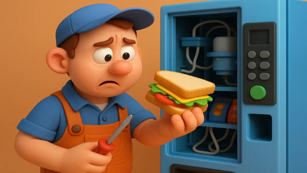 Cartoon-3D illustration of a quirky vending machine with a “fuse sandwich” causing electrical chaos.