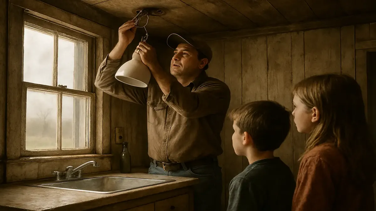 Children in an old farmhouse watching as a man installs a kitchen light fixture, reflecting a childhood memory.