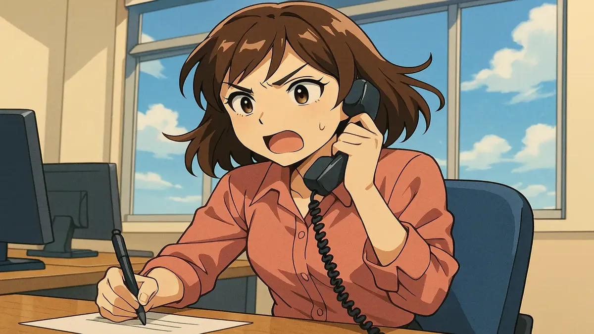 Anime illustration of a concerned insurance agent contacting a homeowner about missed payments on home insurance.