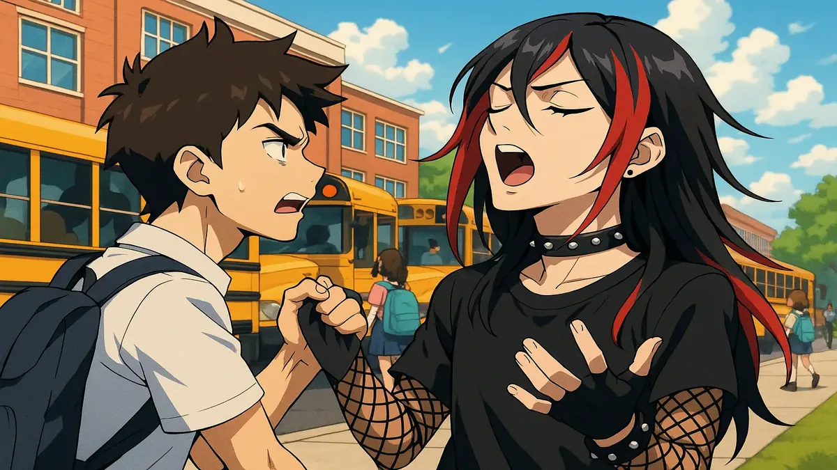 Anime-style illustration of a highschool scene with teens, capturing a moment of bullying on the sidewalk.