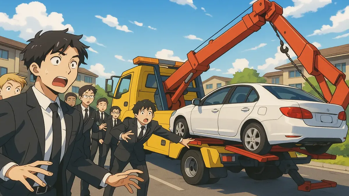 Anime illustration of missionaries in a crowded parking lot, highlighting parking issues at an apartment complex.