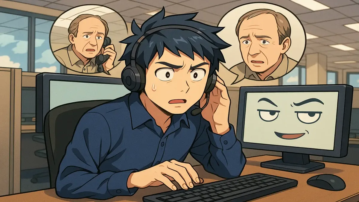 Anime illustration of a man on a helpdesk call, looking confused as his computer displays sarcastic messages.