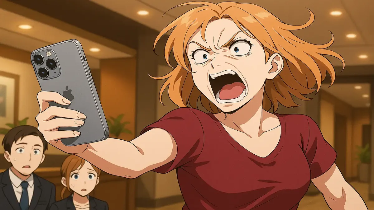Anime illustration of a woman with an iPhone 15 at a hotel, capturing a quirky encounter with a local guest.
