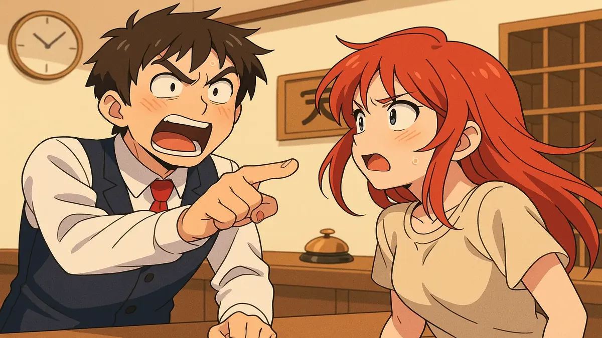 Anime-style illustration of a humorous hotel guest experience with a strong language theme.