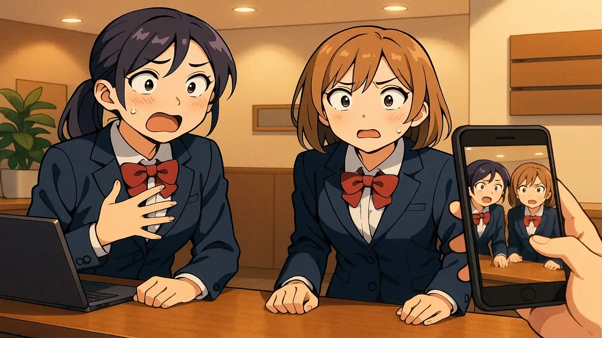 Anime illustration of a surprised front desk staff encountering a strange guest, reflecting a humorous experience.