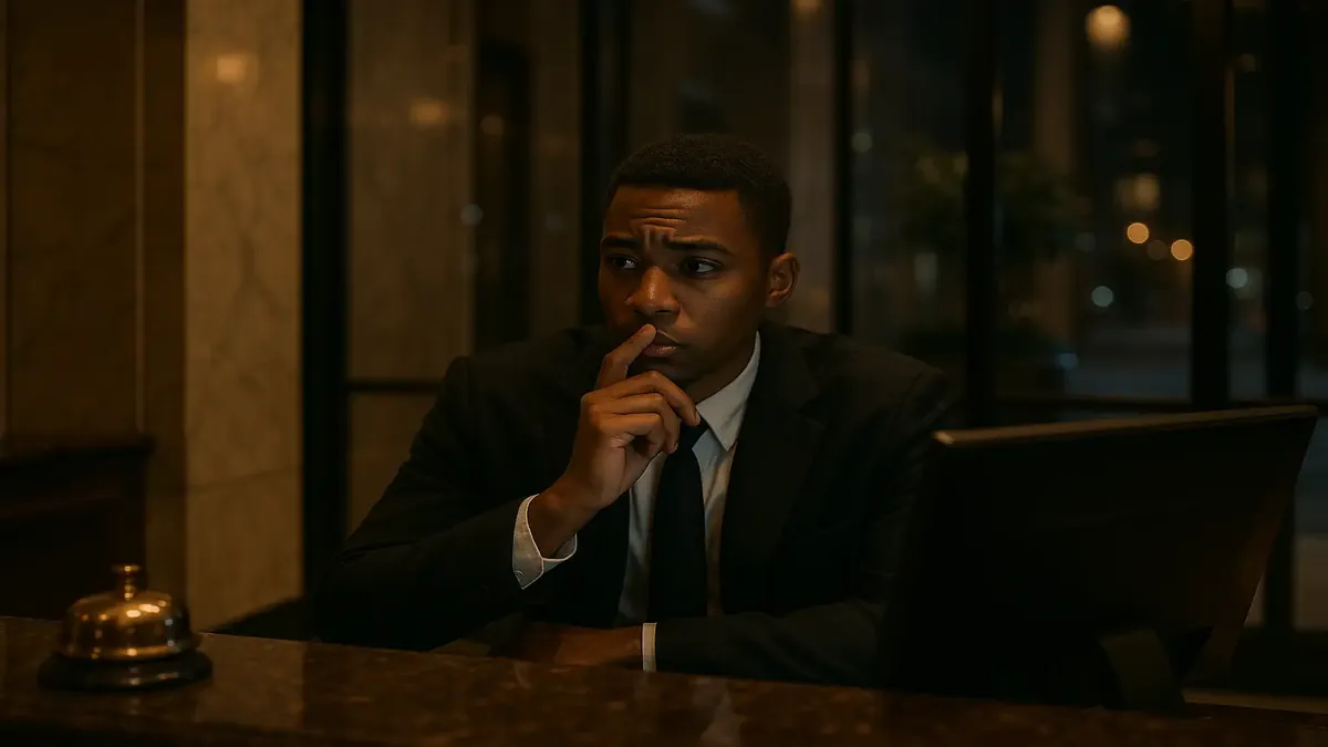 Front desk in a luxurious high-rise building, showcasing the bustling atmosphere and elegant design.