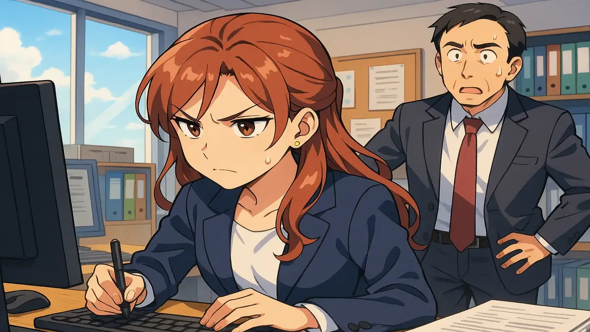 Anime-style illustration of a frustrated event planner juggling tasks and a disinterested boss during an event.