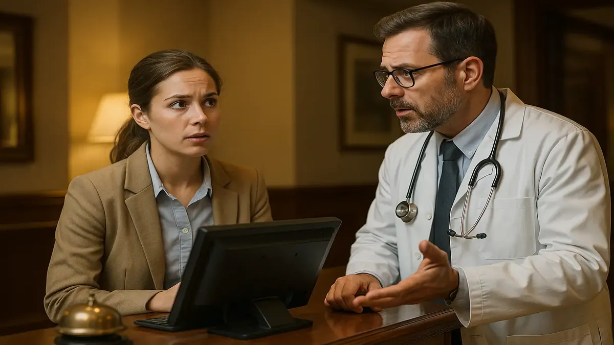 Front desk at a busy hotel, showcasing the hustle and bustle of hotel operations and customer interactions.