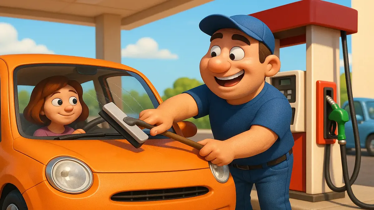 Cartoon-3D illustration of a gas station scene with two cars and a sunny day, reflecting a nostalgic moment.