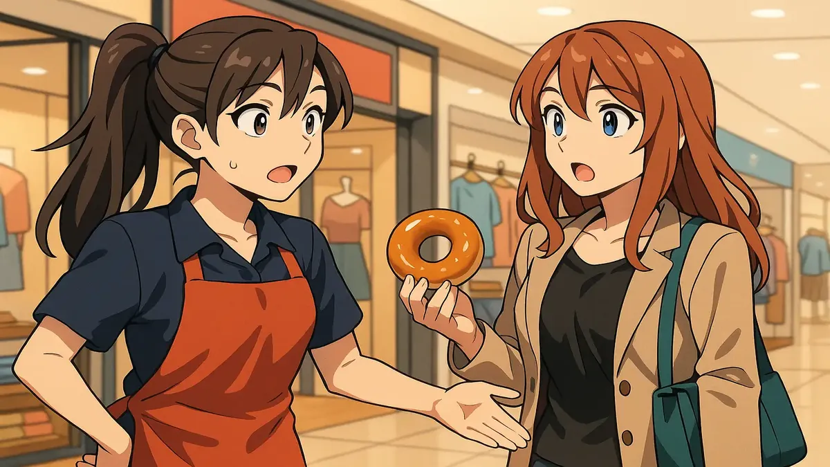 Anime illustration of a lady in a clothing store asking about payment, with a colorful mall background.