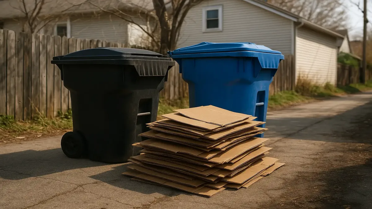 A small trash container in an alley, highlighting the impact of individual waste management costs.