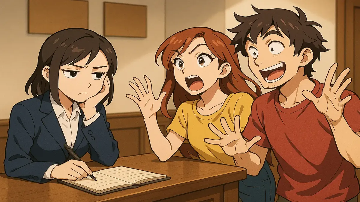 Anime illustration of a frustrated worker dealing with overly picky colleagues in an office setting.