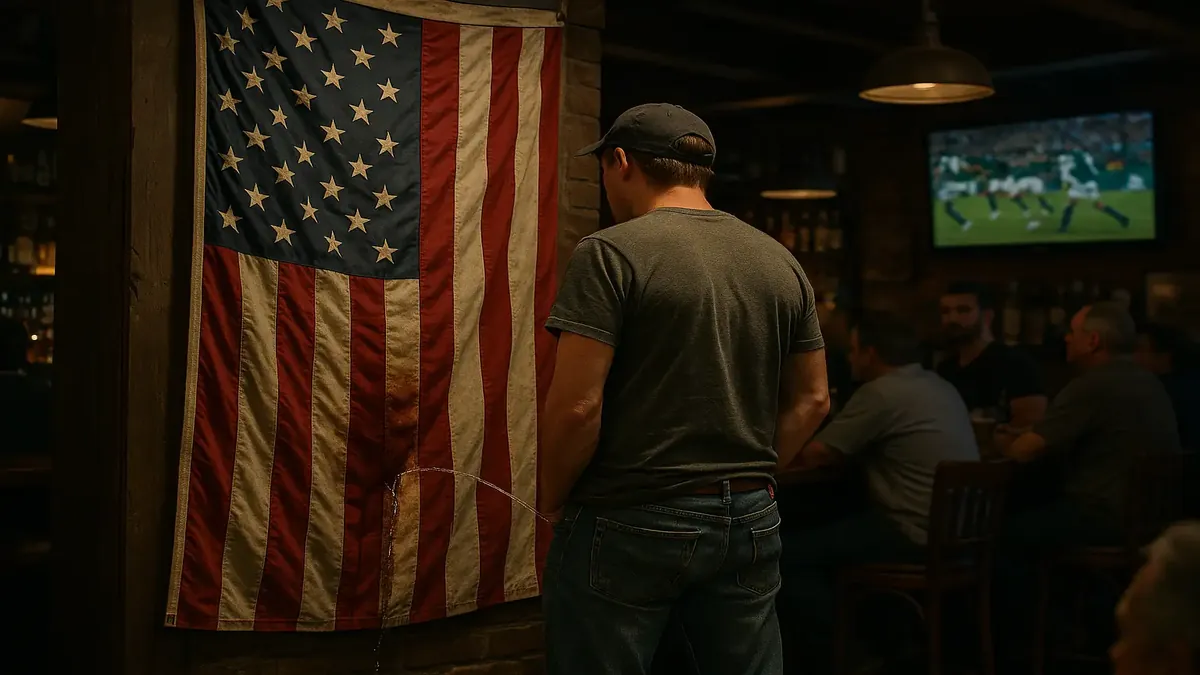 A bustling bar scene with local guests enjoying a game day, highlighting community spirit and patriotism.