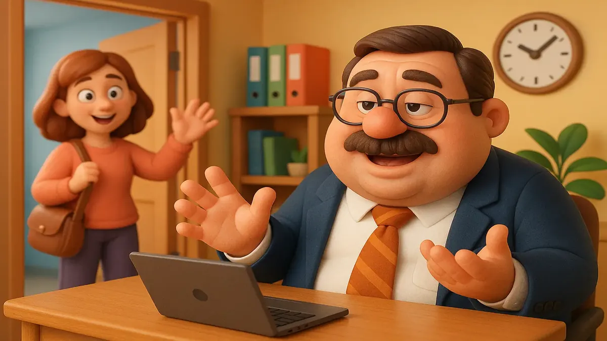 Cartoon-3D illustration of a boss talking excessively, while an admin assistant looks frustrated at her desk.