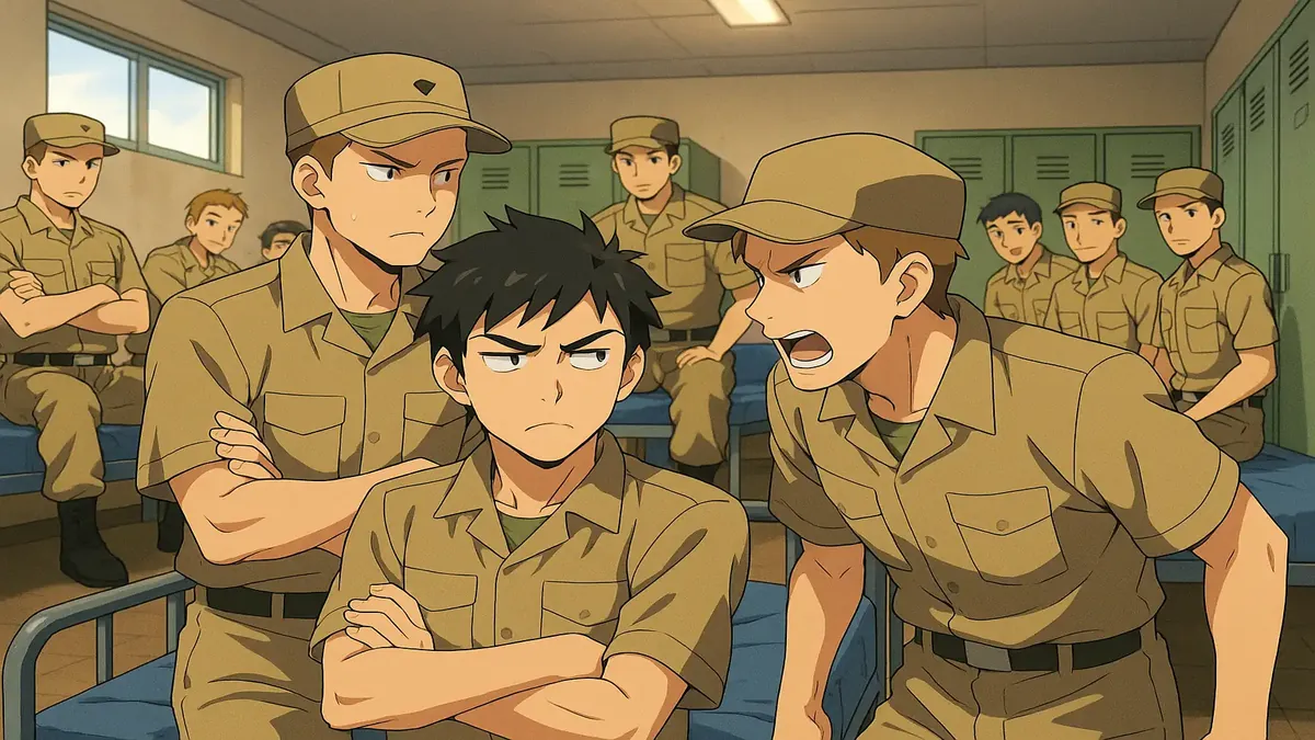 Anime illustration of a military group facing challenges and conflicts in a shared workspace.