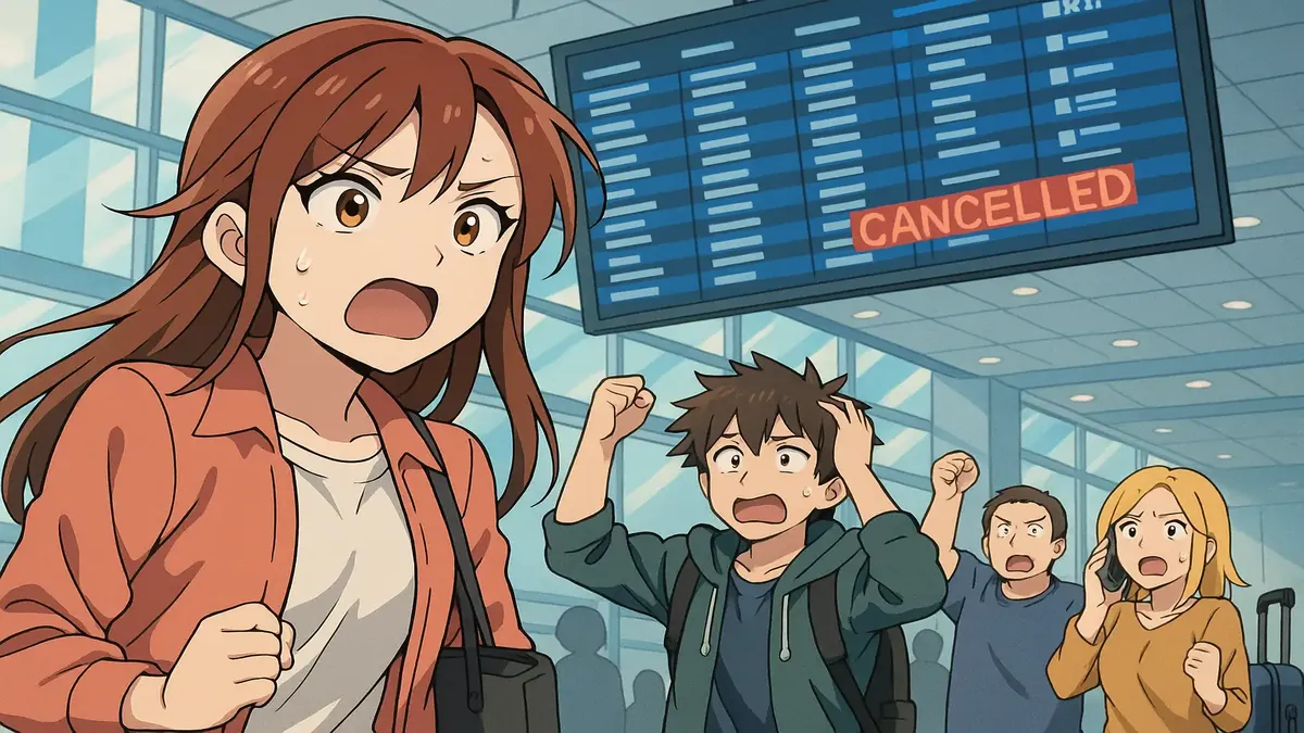 Anime illustration of frustrated travelers at an airport due to a flight cancellation.
